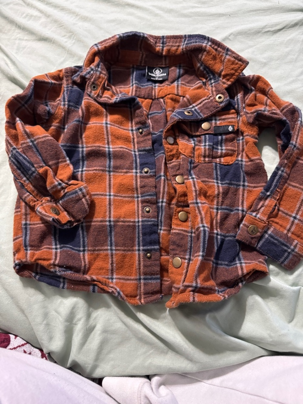Volcom Orange & Navy Plaid Flannel Shirt Jacket